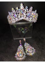Комплект за булка корона и обици с кристали Сваровски с AB ефект Goddess Aura